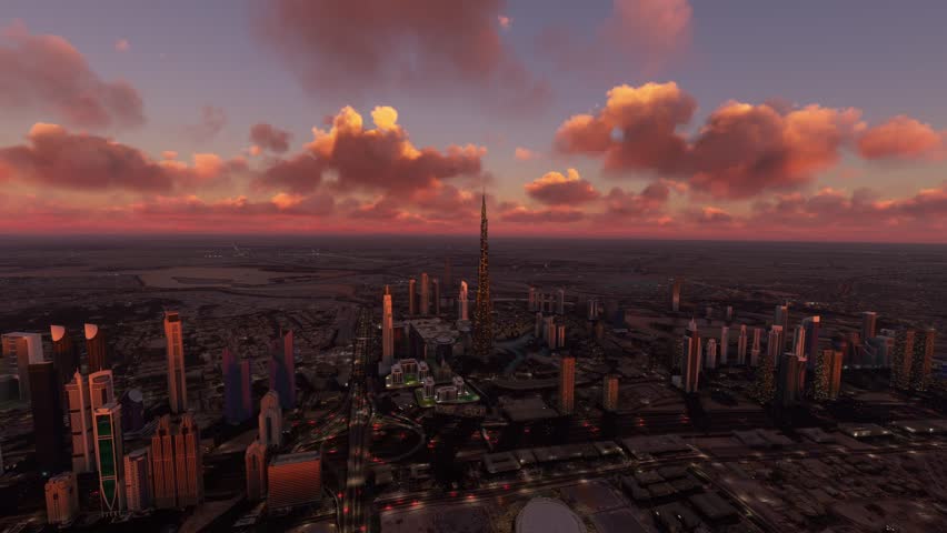 3D - Aerial view at sunset of Dubai city in the United Arab Emirates. UAE Royalty-Free Stock Footage #1105662175