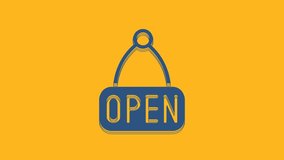 Blue Hanging sign with text Open door icon isolated on orange background. 4K Video motion graphic animation.