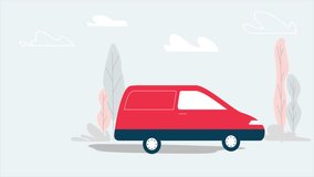 2d car animation of pick and drop of online orders, Moving card with trees and clouds in the sky animation template with copy space for text, 4k resolution