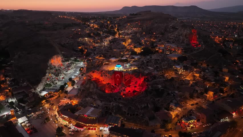 Cappadocia sunset and aerial view of natural stones. Aerial image of balloons and evening Cappadocia Royalty-Free Stock Footage #1105672681