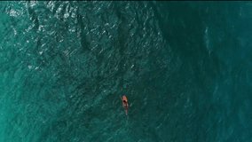 Top aerial view: surfing concept, summer travel. Blue ocean and one man paddle on the surf. Powerful ocean and one man alone do workout with surf barreled at big waves. Colorful background - Powered by Shutterstock - Get 15% off with code: PIKWIZARD15