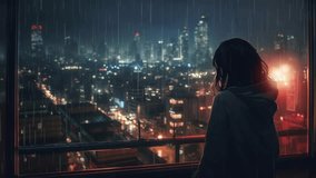 Lo-fi girl alone on her balcony at night looking at the storm and the rain outside. Video for lofi hip hop music. Atmospheric chill illustration and relaxed. Perfectly looped video. Sad rainy night.
