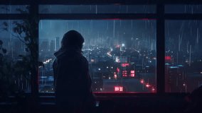 Sad girl by the window looking at the storm outside. Rainy night. Young anime woman looking at the city light. Sad and moody feelings. Unhappy pretty girl crying. Lo-fi hip hop type beats video loop.