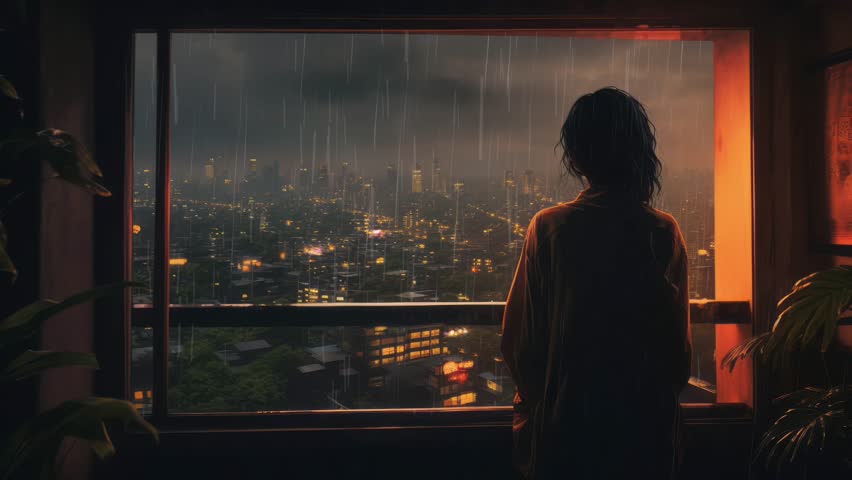 Sad anime girl looking from the window. City night rain. Lofi music video. Chill vibes of a woman on her balcony. Rainy night. Relaxing lo-fi hip hop mood. Animated wallpaper screen. Sad depression. Royalty-Free Stock Footage #1105675167