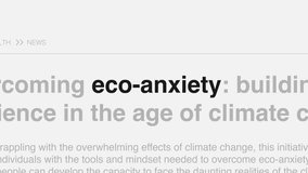 Video animation of the term 'Eco-anxiety' highlighted on FAKE headlines news publications. The titles are on white background, and this can be used for editorial and non editorial content.