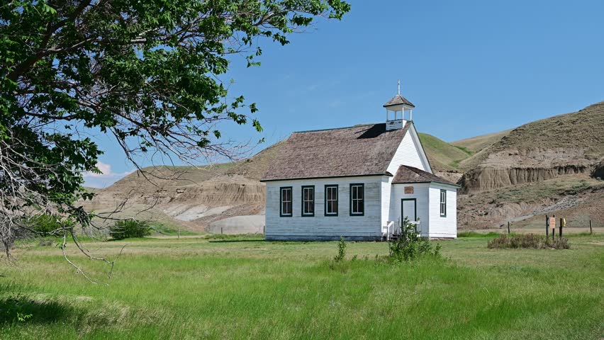 Old abandoned church in the badlands ghost town of Dorothy, Alberta.