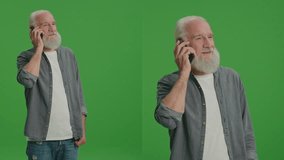 2-in-1 Split Green Screen Montage. A Smiling Old Man with Gray Beard is Talking on the Phone. Security and Privacy Concerns for Senior Tech Users. Emerging Technologies for Seniors.