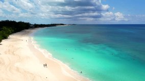 Aerial veiw of ocean coastline, Bahamas, Nassau. Beautiful drone cinematic footage of white sand, palm tree forest, blue and turquoise ocean. Paradise Beach aerial. High quality 4k footage