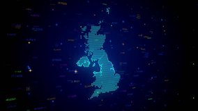 Futuristic Motion View Blue Colorful Shiny Digital Technology Hud Dots Mosaic Grid United Kingdom Map Light Scanning With Numeric Tech Particles Background, Seamless Loop - Powered by Shutterstock - Get 15% off with code: PIKWIZARD15