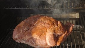 This close up video shows seasoned raw pork shoulder butt meat in a smoker grill.