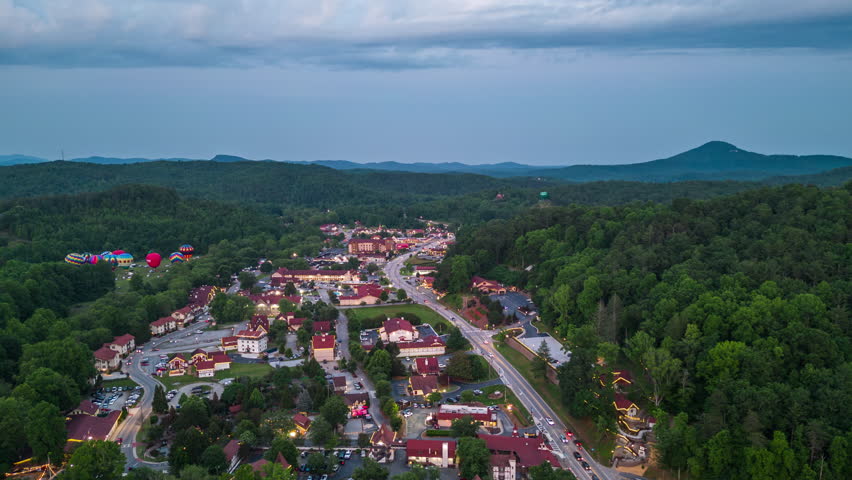 Helen, Georgia, USA downtown at night with Mt. Yonah in the distance.