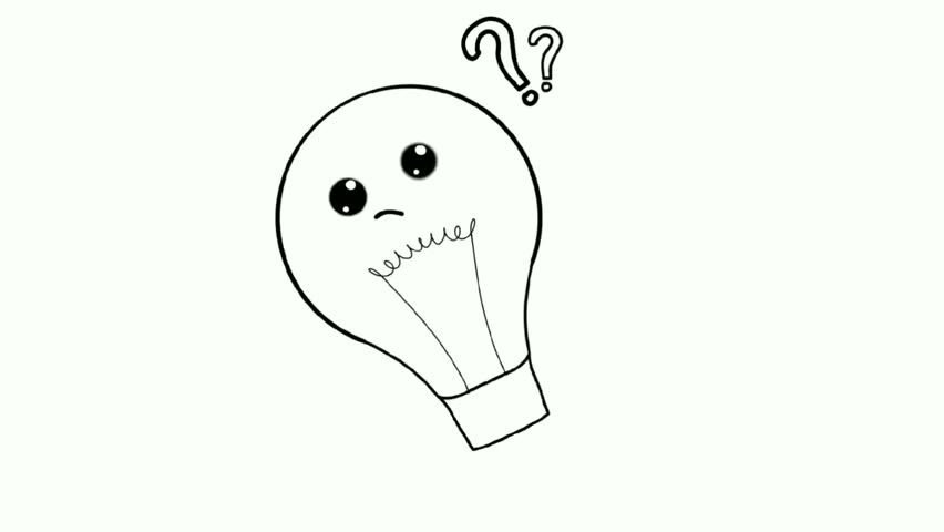 Animated image of a light bulb line art with a cute character.
