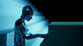 A modern, futuristic robot is playing music on the piano with blue background. An artificial machine is touching the keyboards keys on machine. White humanoid working science art - Powered by Shutterstock - Get 15% off with code: PIKWIZARD15