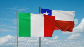 Chile flag and Italy flag waving together on blue sky, looped video, two country cooperation concept