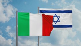 Israel flag and Italy flag waving together on blue sky, looped video, two country cooperation concept