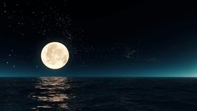 The full moon at night is reflected in the water. Moonlight reflects brightly into the sea. A clear, large, distinct moon shines over the ocean in a beautiful nighttime landscape. - Powered by Shutterstock - Get 15% off with code: PIKWIZARD15