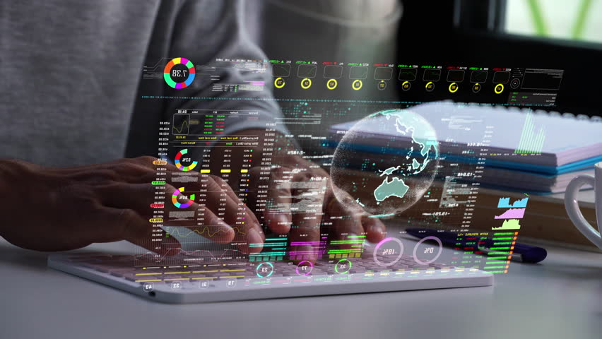 A men using digital tablet for analyze a stock market exchange. Business data number futuristic hologram background. | Shutterstock HD Video #1105709445