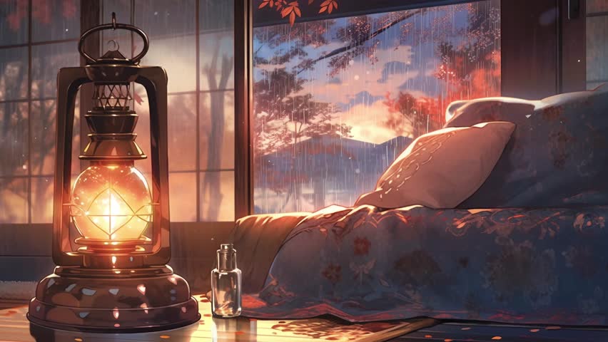 A rustic lantern illuminating a cozy room, through the window against a rainy day, anime style animation Royalty-Free Stock Footage #1105713405