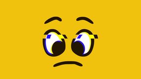 Sad Face emoticon with glitch effect on yellow background, Cartoon face expressions animation, Emoji motion graphics.