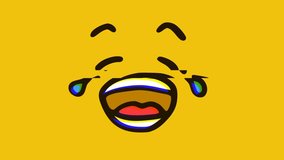 Crying face emoticon with glitch effect on yellow background, Cartoon face expressions animation, Emoji motion graphics.