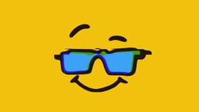 Cool face in glasses emoticon with glitch effect on yellow background, Cartoon face expressions animation, Emoji motion graphics.