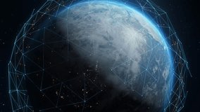 Animated digital grid and lines over Earth globe. 3D computer graphics of abstract worldwide transmit of 5G communication signal, global network connection. Concept of innovative space technologies. - Powered by Shutterstock - Get 15% off with code: PIKWIZARD15