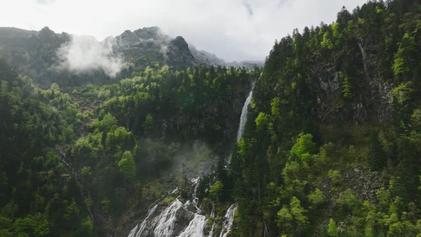 Drone Shot of the Waterfall of Ars. One of the most magnificent waterfalls in France. La cascade d’Ars - Ariège Pyrénées