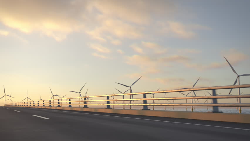 Convoy of generic electric semi trucks with cargo trailer driving along a bridge or coastal highway with wind turbines in background. Renewable energies concept. Realistic 3d rendering animation. Royalty-Free Stock Footage #1105721533