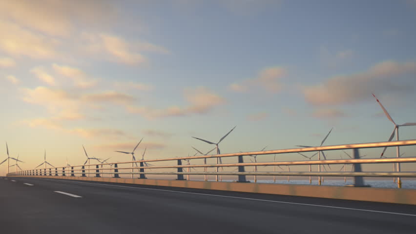 Convoy of generic electric semi trucks with hydrogen tank trailer driving along a bridge or coastal highway with wind turbines in background. Renewable energies concept. Realistic 3d animation. Royalty-Free Stock Footage #1105721535