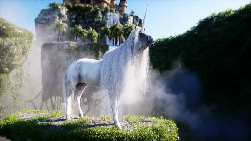 Magic unicorn and fantasy fairytale flying rocks. Realistic 4k animation. Royalty-Free Stock Footage #1105723991