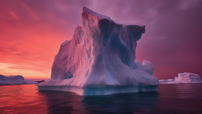 Melting Iceberg Pieces in ocean, sea or lake until sunset or sunrise, red and orange sky. Huge Piece of Glacier. Nnorth circle of the world. Beutiful reflection on water. Static camera (No movement).