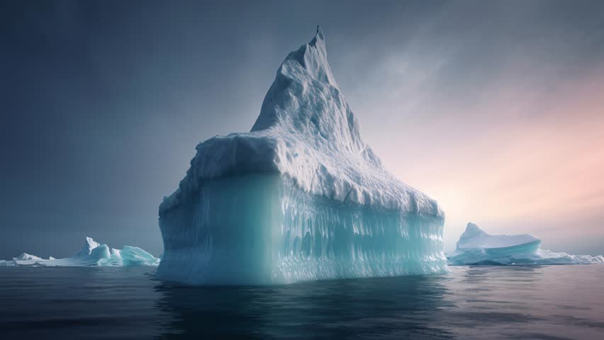 Melting Iceberg Pieces in ocean, sea or lake. Huge Piece of Glacier. Glaciers are melting at north circle of the world. Arctic glacier. Beutiful reflection on water.