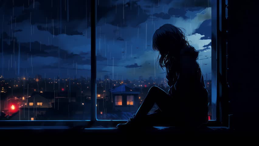 Anime woman looking at the city night. Sad rainy night. Young cartoon girl depressed. Lo-fi aesthetics. Relaxing video for chill lofi hiphop. Storm in the sky. Silhouette of girl crying.  Royalty-Free Stock Footage #1105728775