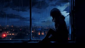 Anime woman looking at the city night. Sad rainy night. Young cartoon girl depressed. Lo-fi aesthetics. Relaxing video for chill lofi hiphop. Storm in the sky. Silhouette of girl crying. 