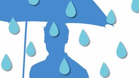 Animation of rain drops falling over blue man with umbrella silhouette. Nature, weather and rainfall concept digitally generated video.