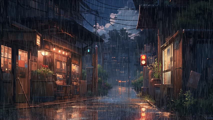 A rainy street in the alleyway, style of anime animation Royalty-Free Stock Footage #1105736103