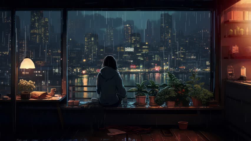 Lofi girl studying at night. Chill rainy atmospheric background for music video. Anime woman relaxing with study beats.  Royalty-Free Stock Footage #1105742223