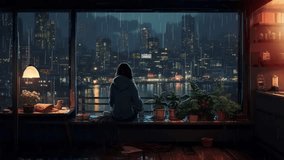 Lofi girl studying at night. Chill rainy atmospheric background for music video. Anime woman relaxing with study beats. 