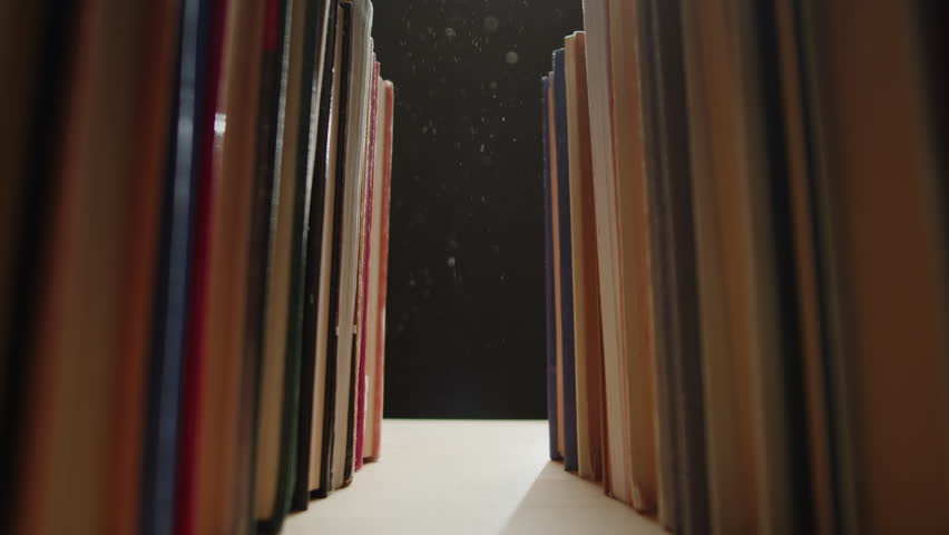 Many old books in a book shop or library, university library rows, close up macro.