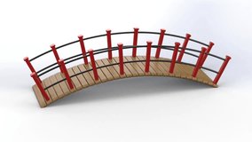 360 degree Rotating view of Arched Wooden Bridge with Red Columns and Black Railing 3d render video clip. HD Video of rotating bridge