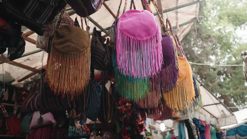 Artisan Market With Hand-Made Products In San Cristobal de Las Casas In Chiapas, Mexico. Low Angle Royalty-Free Stock Footage #1105747519