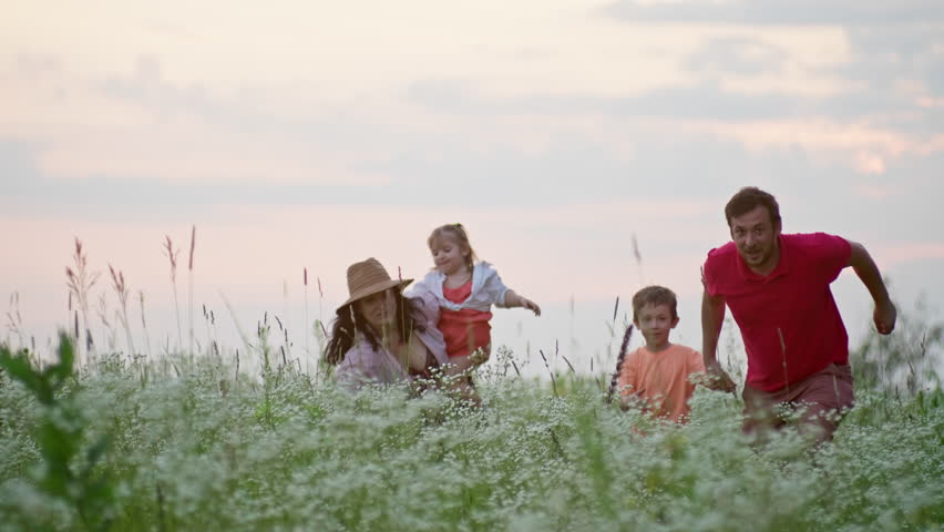 Happy Caucasian family running hand in hand across a field at sunset. The concept of the happiness of children's smiles, the lifestyle of the family, the relationship of parents to son and daughter.  Royalty-Free Stock Footage #1105748521