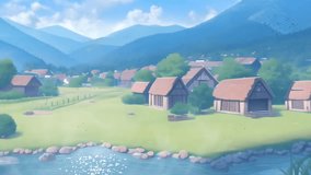 Green landscape village with the mountains. Flow cloud sky. Shining flow river. 4k Infinite repeat looping animation