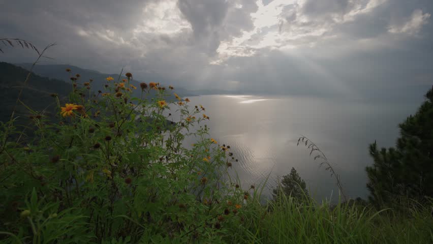 Danau Toba view from Tarabunga Hill - a Large Natural Lake in North Sumatra, Indonesia, Occupying The Caldera of a Supervolcano Royalty-Free Stock Footage #1105759073