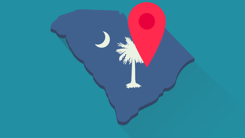 Animation loop of the 3D map of South Carolina in flat design style with the colors of the south carolina state flag on which a red map position marker is jumping (alpha channel, green background) 