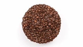 A plate made of coffee beans on white. Tope view. Loop motion. Rotation 360. 4K UHD video footage 3840X2160.