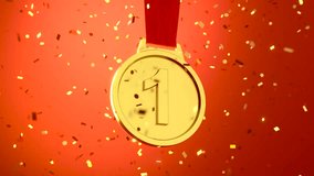 Looping video of Golden medal with falling golden confetti, Victory concept