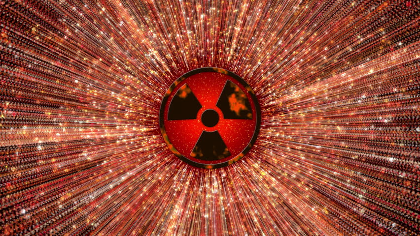 Red radioactive animated screensaver with logo. Nuclear energy setting icon animation with bright glowing moving particles. Loop motion graphic.