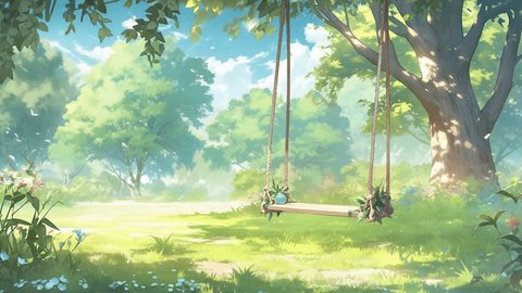 Anime swing in a green forest with a tree, romantic landscapes, anime art animation: stockvideo