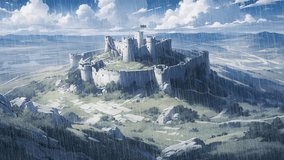 An ancient fortress on a hilltop on the rainy day, anime art loop animation - Powered by Shutterstock - Get 15% off with code: PIKWIZARD15
